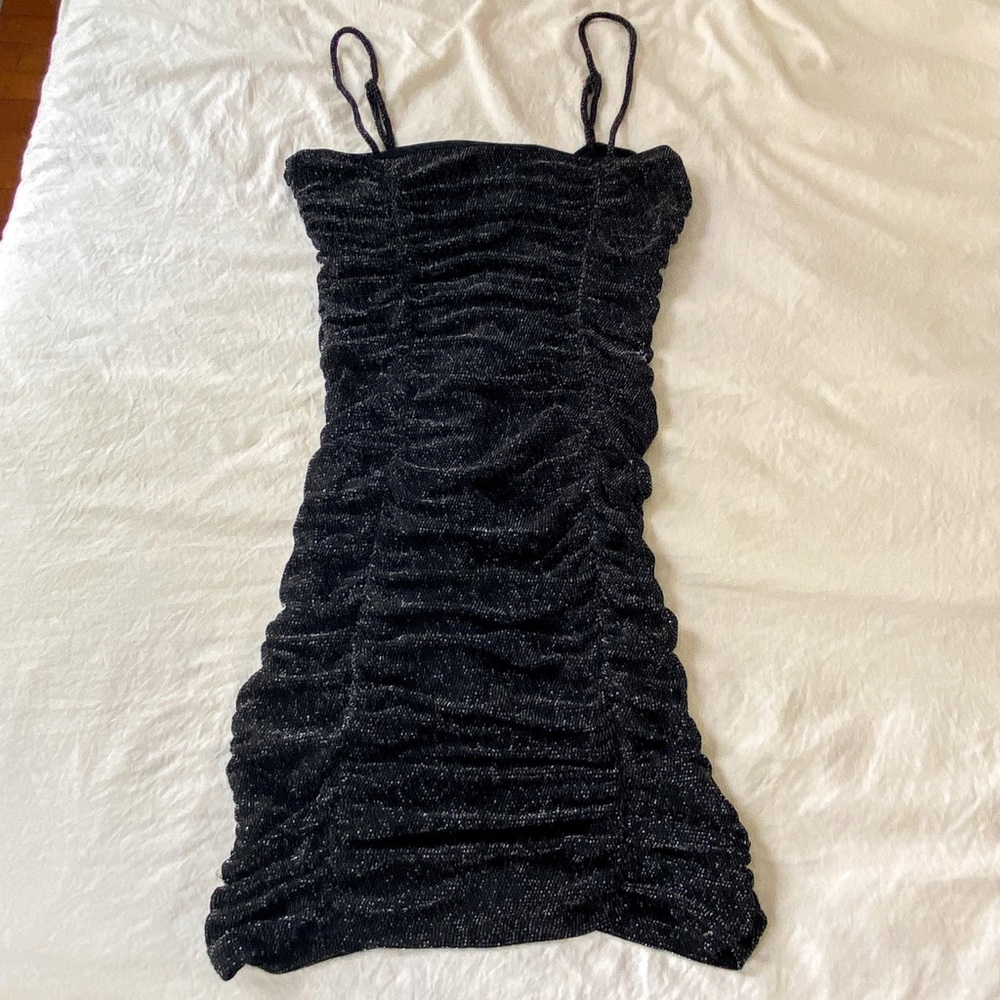 Ruched Square Neck Sparkly Mini Dress